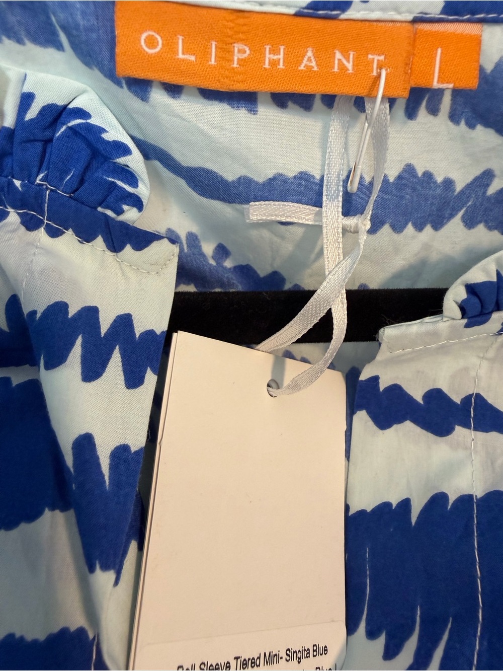 NEW Oliphant Large Blue and White Bell Sleeved Tiered Mini Dress - Picture 7 of 7